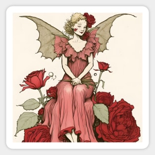 Rose Fairy Sitting Amid Rose Flowers Vintage Style Sticker